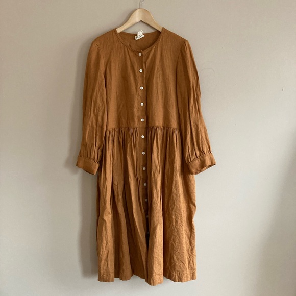 Beaton Linen Dresses & Skirts - Beaton Linen Gather Dress in Rust size small